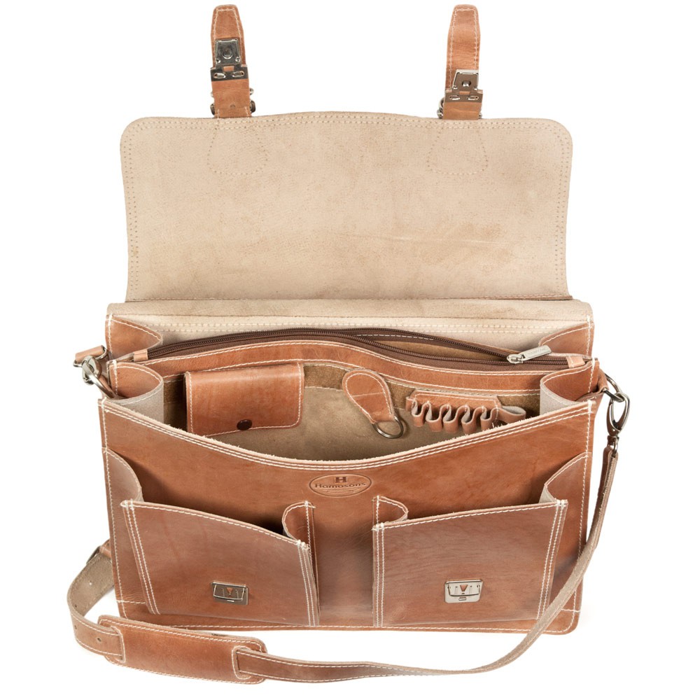Hamosons – Classic briefcase / teacher bag size L made out of leather, natural brown two-tone ...